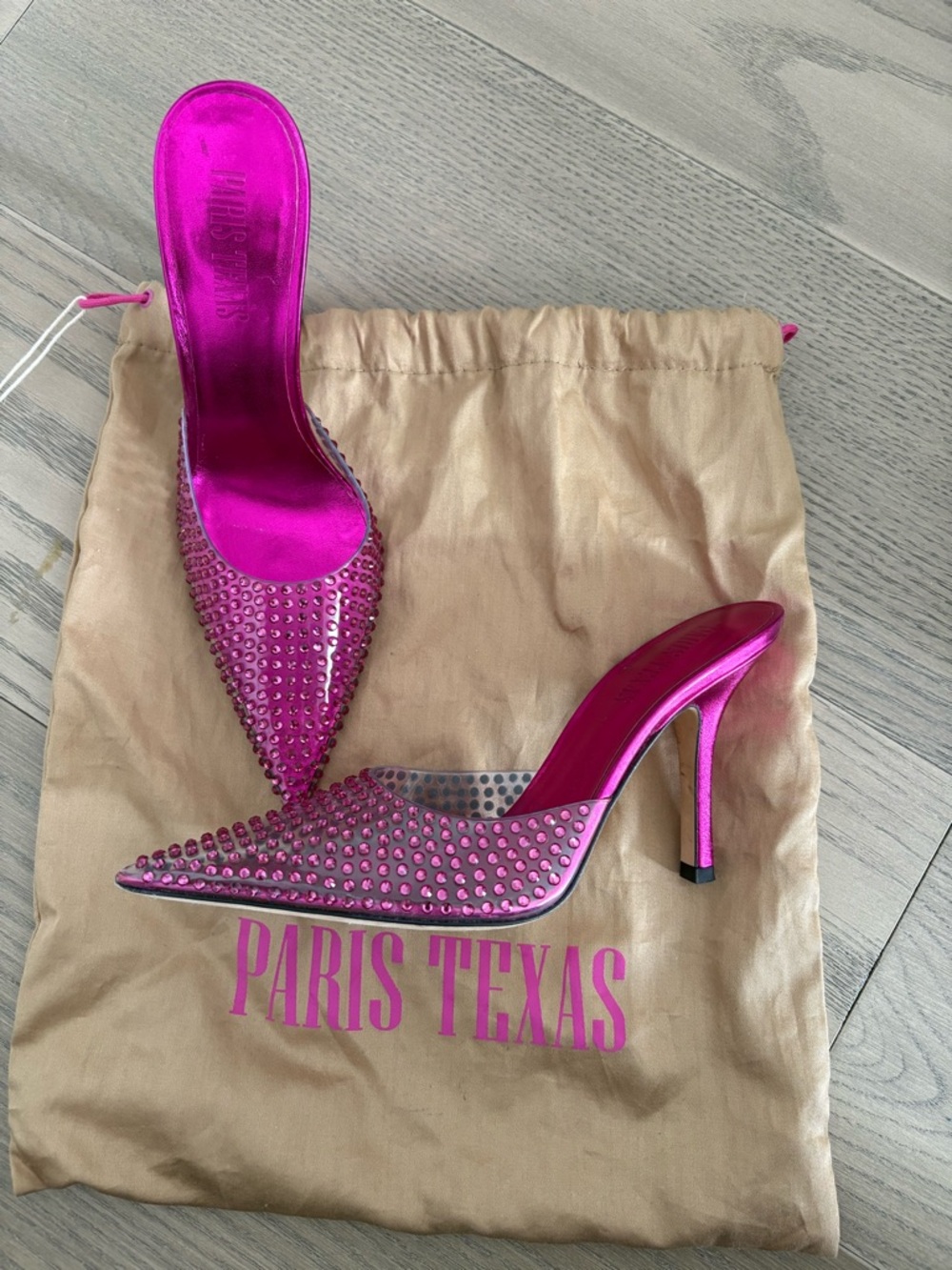 Paris Texas Fuchsia Crystal-Studded Pointed Mule Heels
